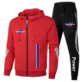 For Bmw Men's Casual Sports Suit Zipper Hooded Jacket + Pants Tracksuit Sweatshirt Casual Male Set (Color: Red, size: 2XL)